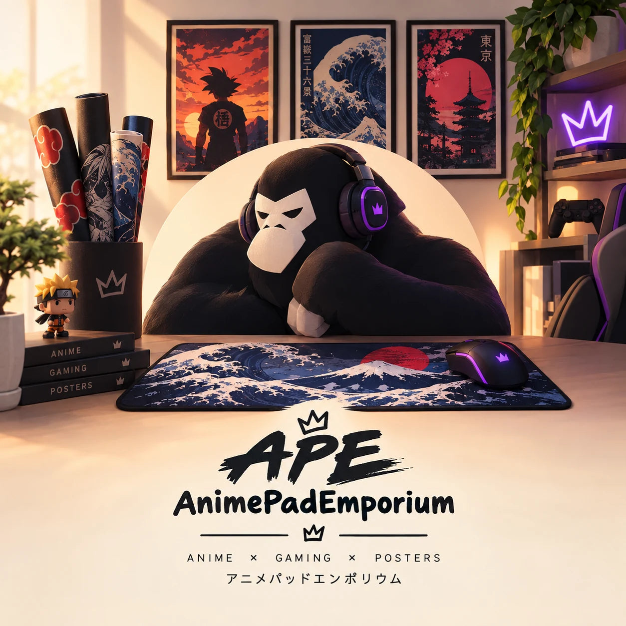 AnimePadEmporium mascot with anime art and a wave desk mat