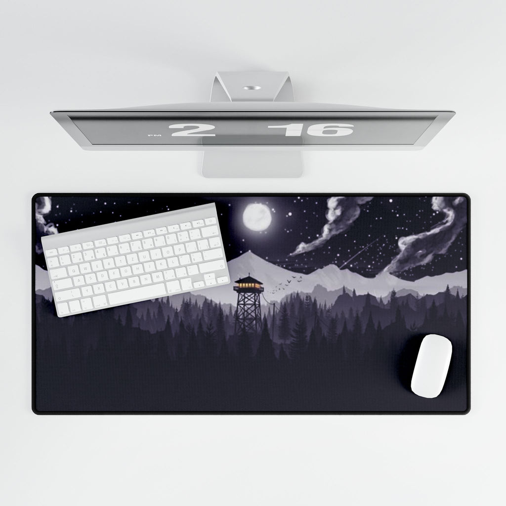 Night Fire Watchtower Desk Mat — Moonlit Mountain Landscape Gaming Desk Pad