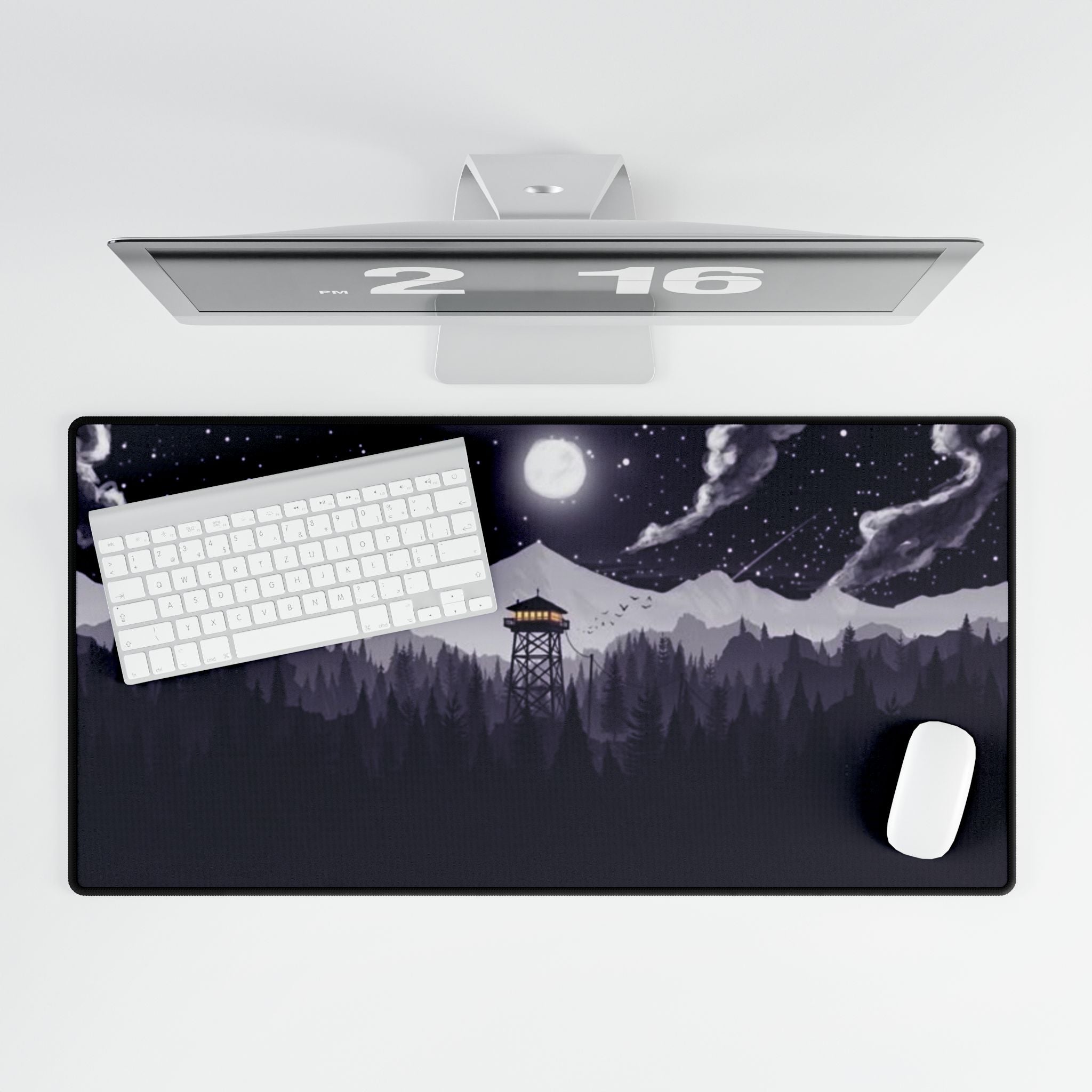 Night Fire Watchtower Desk Mat — Moonlit Mountain Landscape Gaming Desk Pad