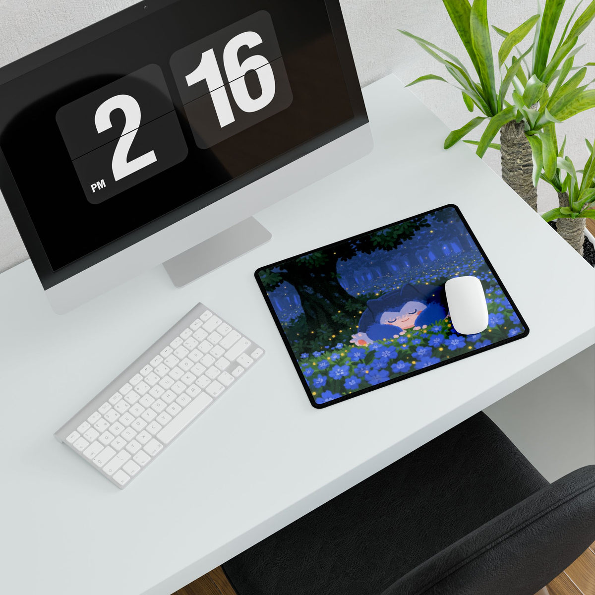 Sleeping Creature in Blue Floral Field Desk Mat | Night Forest Mouse Desk Mat