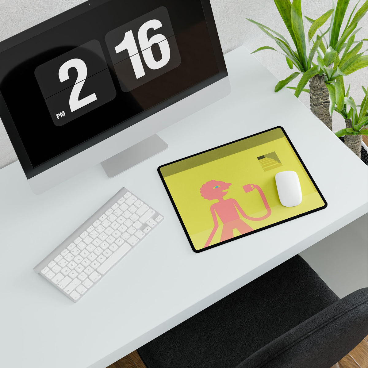 Pink Character in Yellow Room Desk Mat | Minimalist Illustration Desk Mat