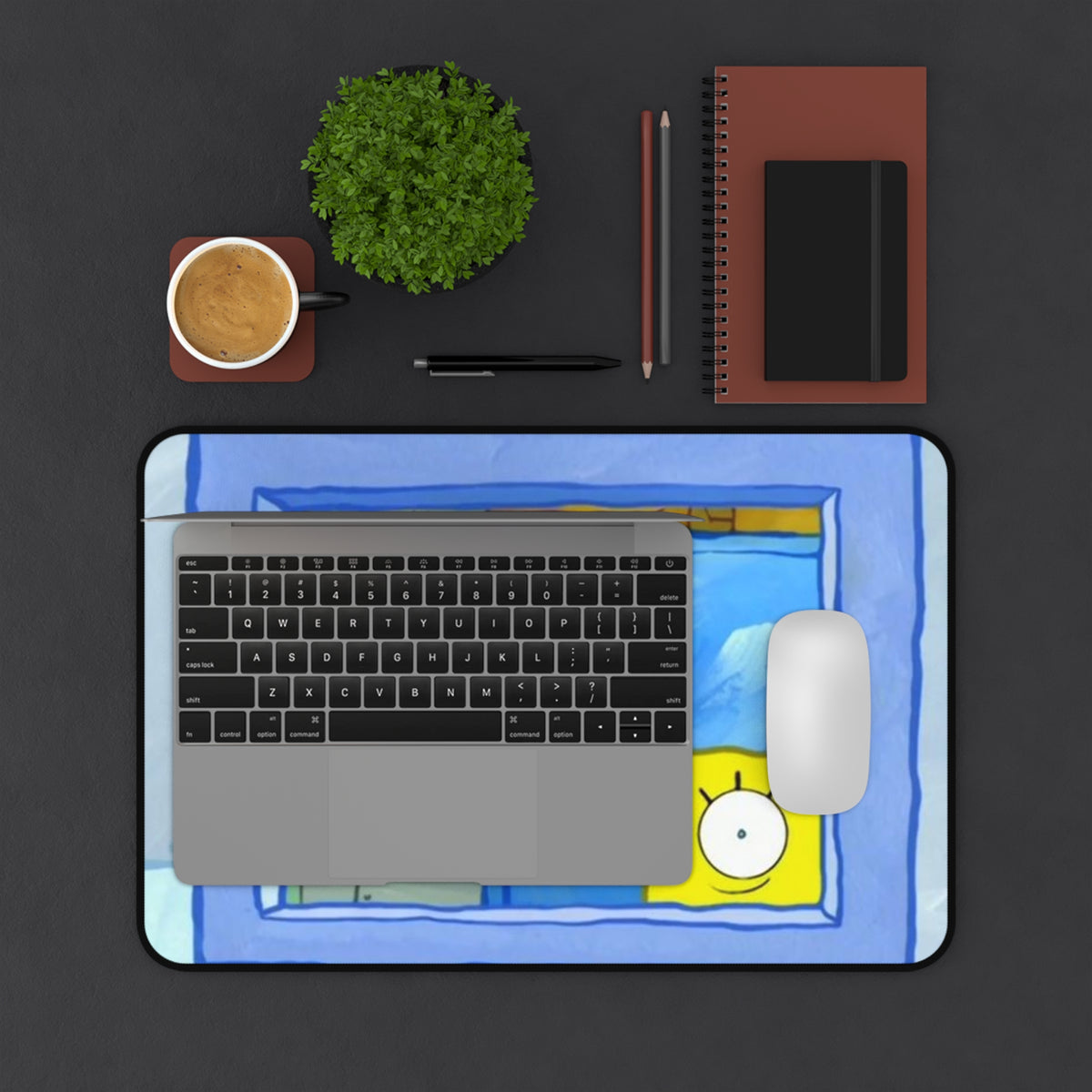 Peeking Sponge Cartoon Desk Mat | Cute Cartoon Desk Pad, Blue Window Illustration