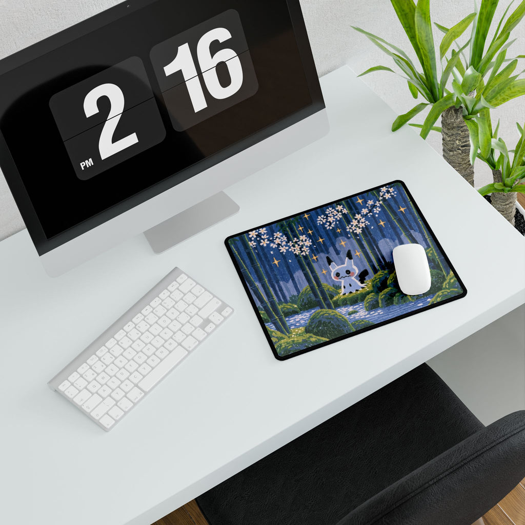 Forest Fox Woodland Scene Desk Mat | Cherry Blossoms Night Bamboo