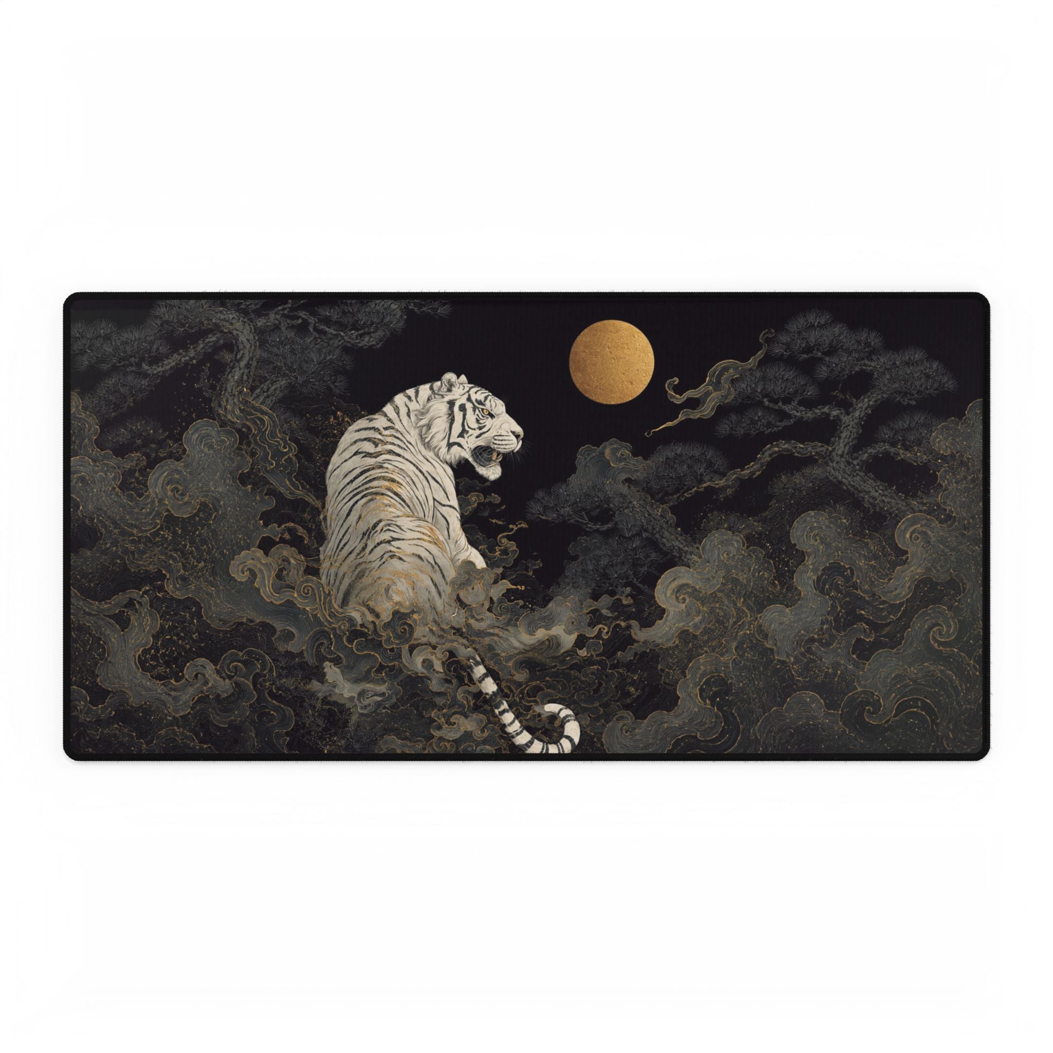 White Tiger Moon Desk Mat — Japanese-Inspired Artistic Gaming Mouse Pad Personalized Gifts