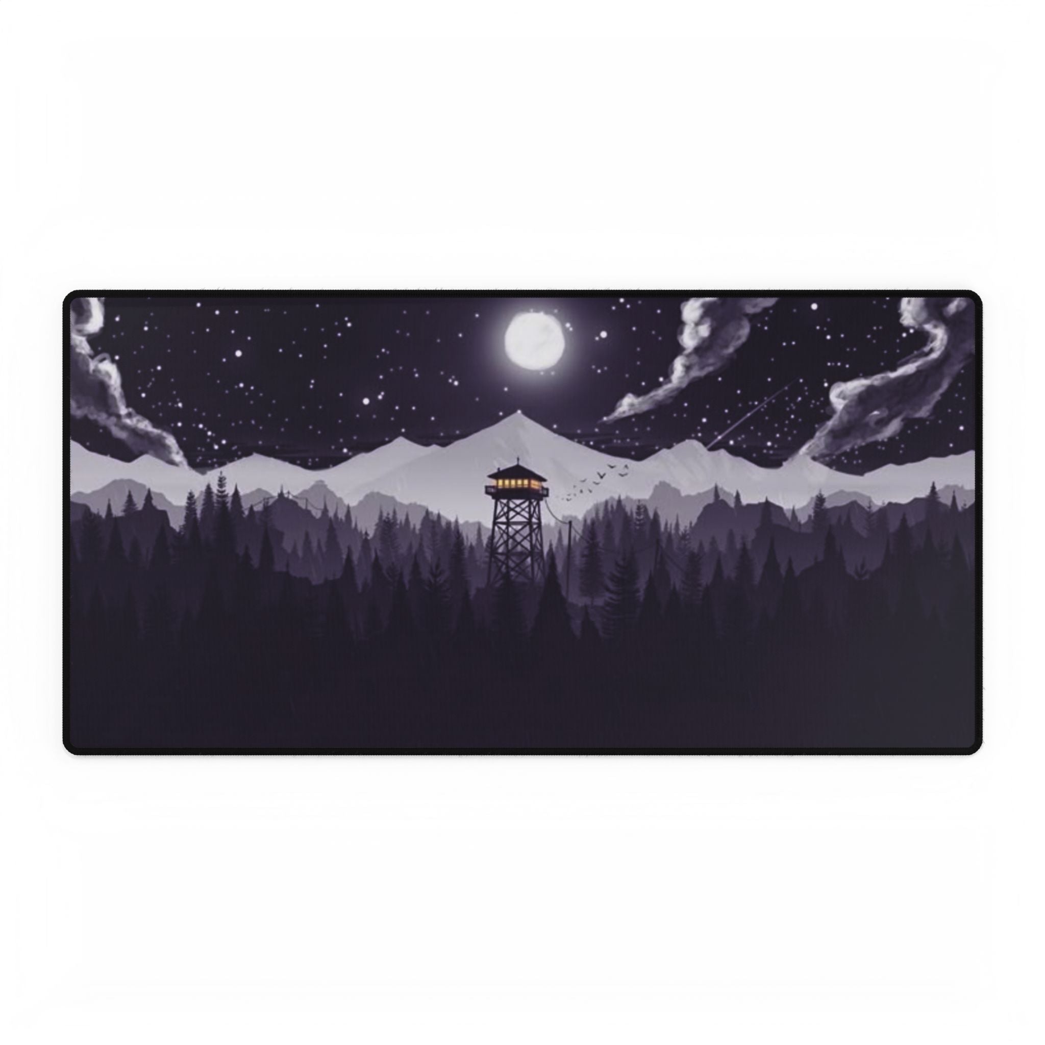 Night Fire Watchtower Desk Mat — Moonlit Mountain Landscape Gaming Desk Pad