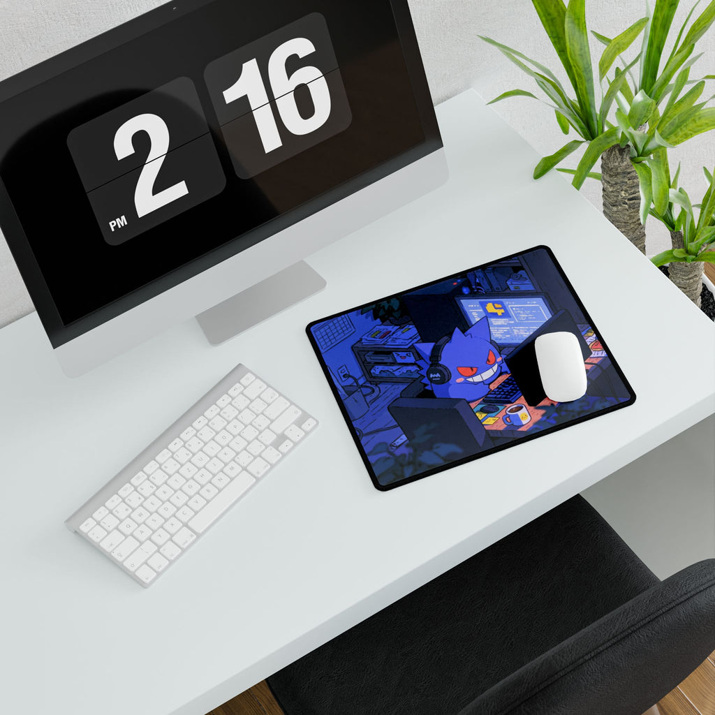 Purple Animal Gamer Night Desk Mat | Anime Gaming Deskpad, Cute Ghost Computer Setup
