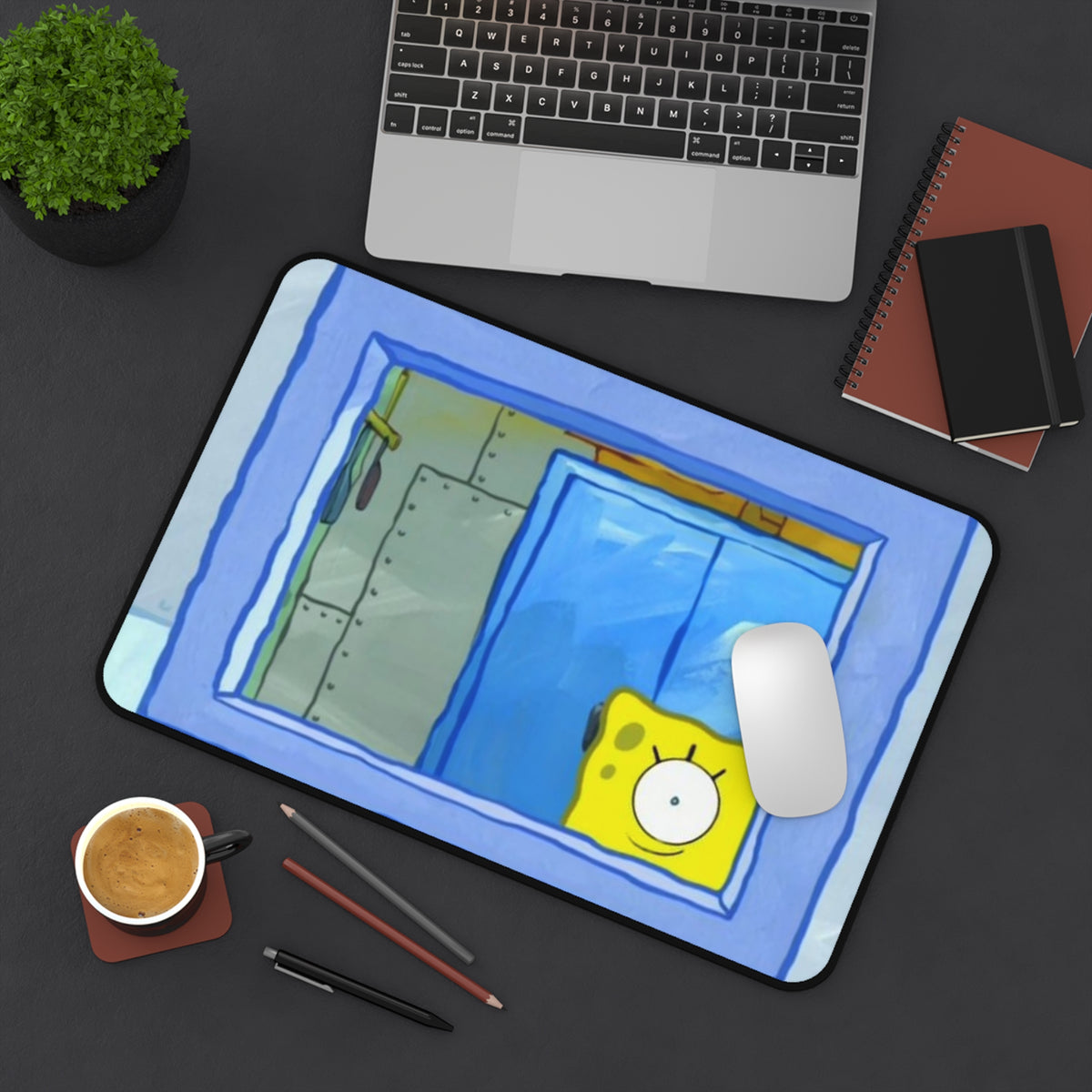 Peeking Sponge Cartoon Desk Mat | Cute Cartoon Desk Pad, Blue Window Illustration