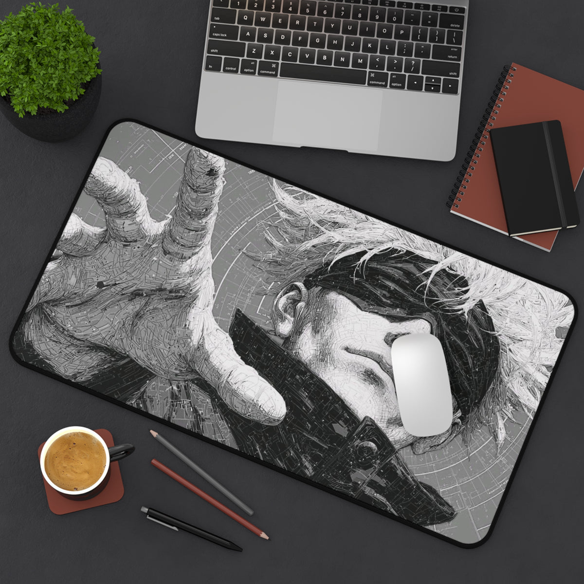 Gojo Satoru Manga Desk Mat, JJK Blindfolded Anime Hero Mousepad, Monochrome Gaming Mouse Pad, Dark Aesthetic XL Desk Pad, Gamer Gift