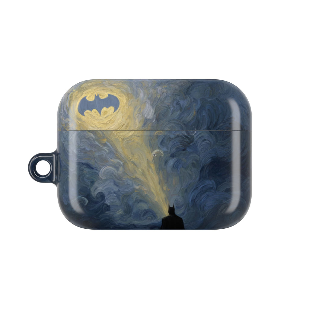 Bat Signal Starry Night AirPods Case, Dark Hero Earbud Cover, Gothic Superhero Inspired AirPod Pro Case, Glossy Full Wrap Gift