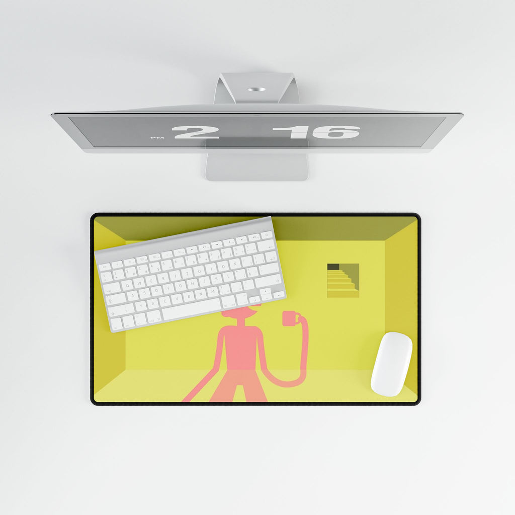 Pink Character in Yellow Room Desk Mat | Minimalist Illustration Desk Mat