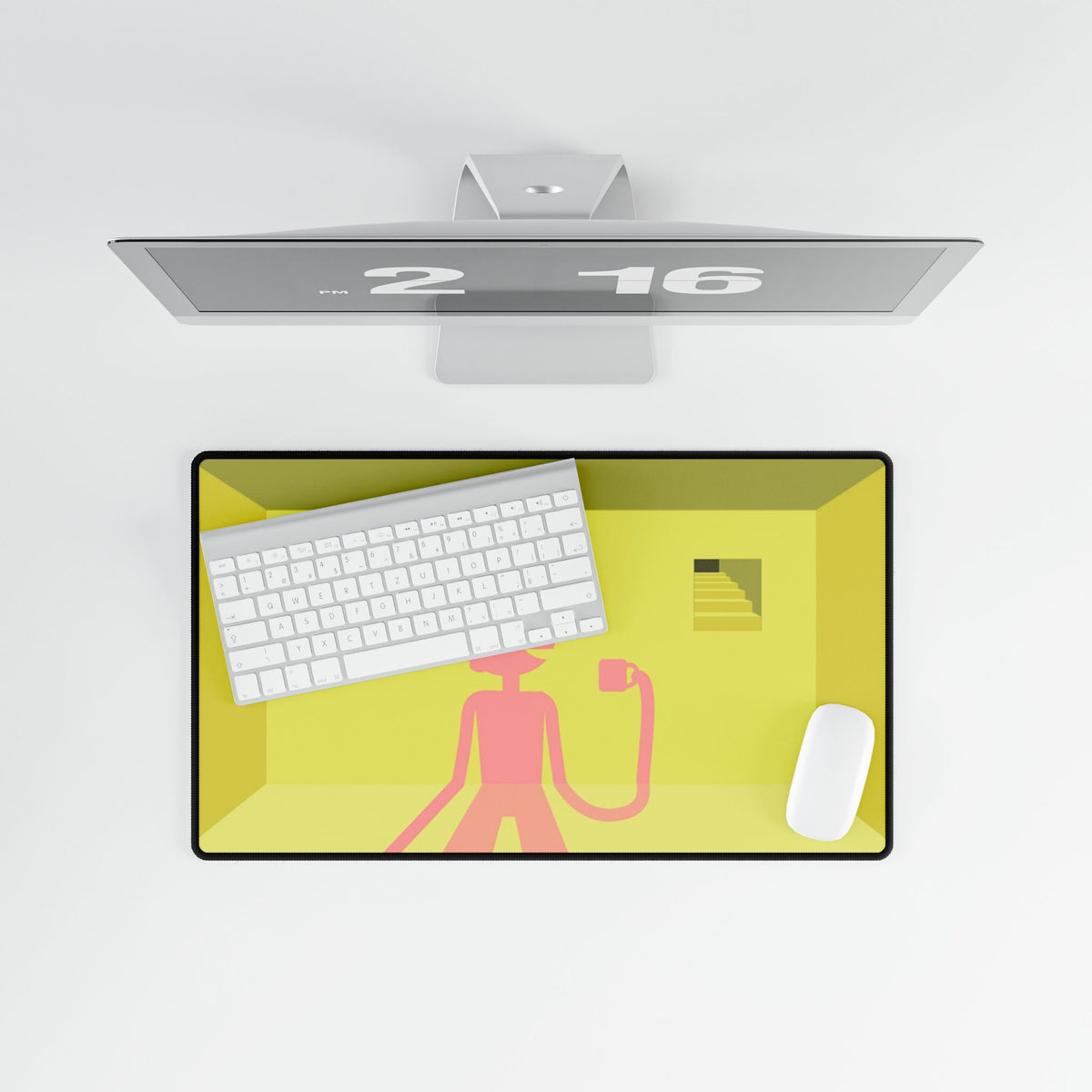 Pink Character in Yellow Room Desk Mat | Minimalist Illustration Desk Mat