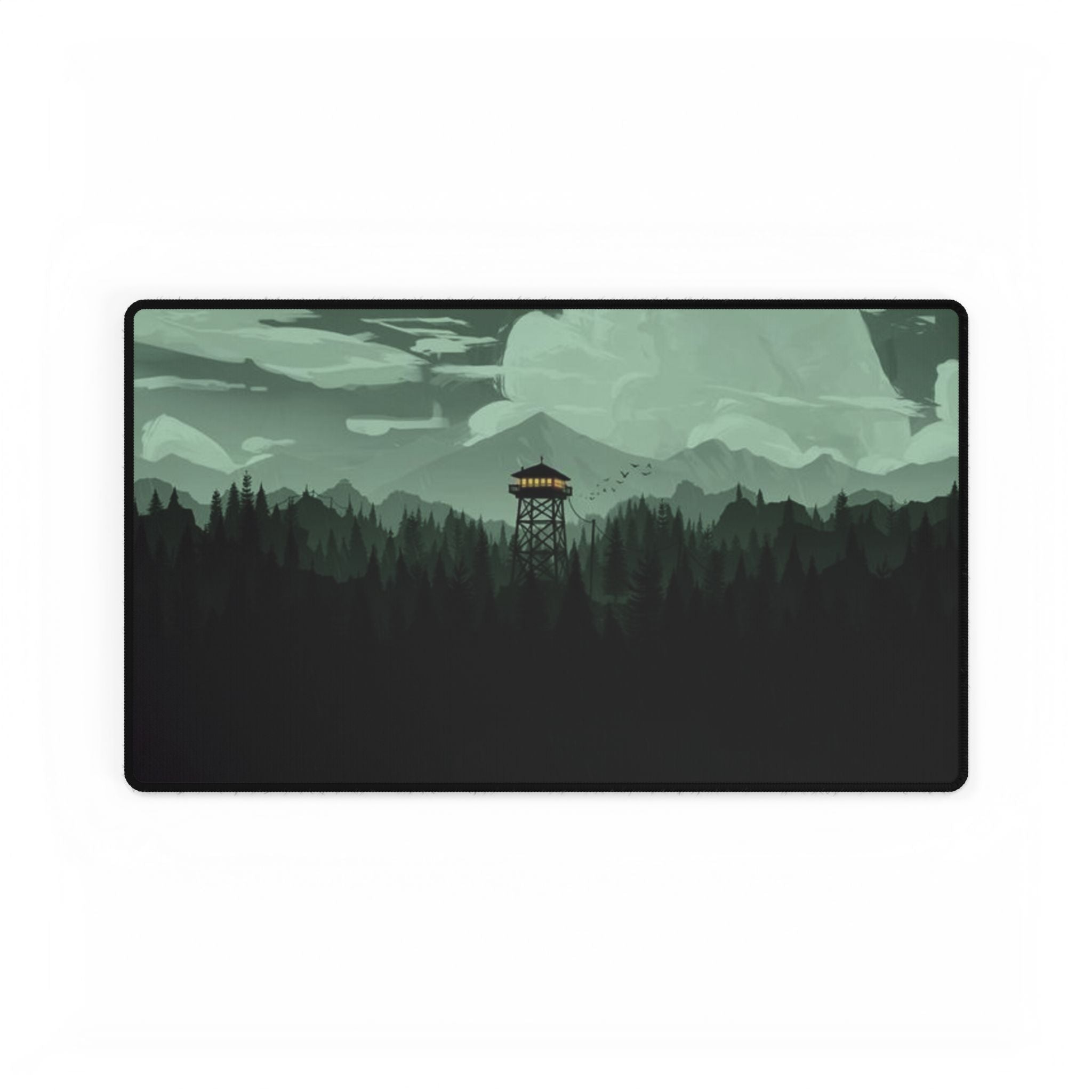 Forest Fire Watch Tower Desk Mat — Moody Green Wilderness Gaming Mousepad