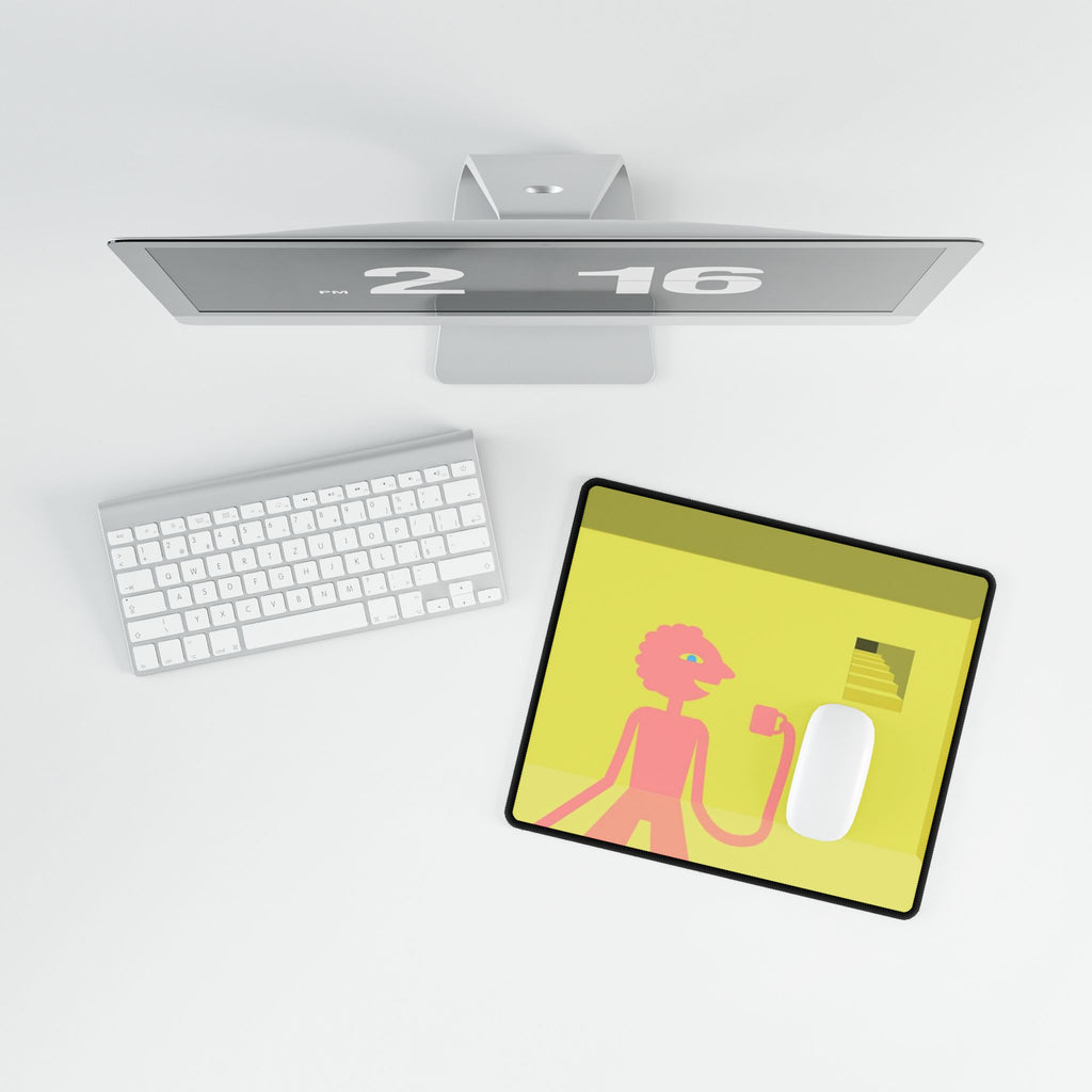 Pink Character in Yellow Room Desk Mat | Minimalist Illustration Desk Mat