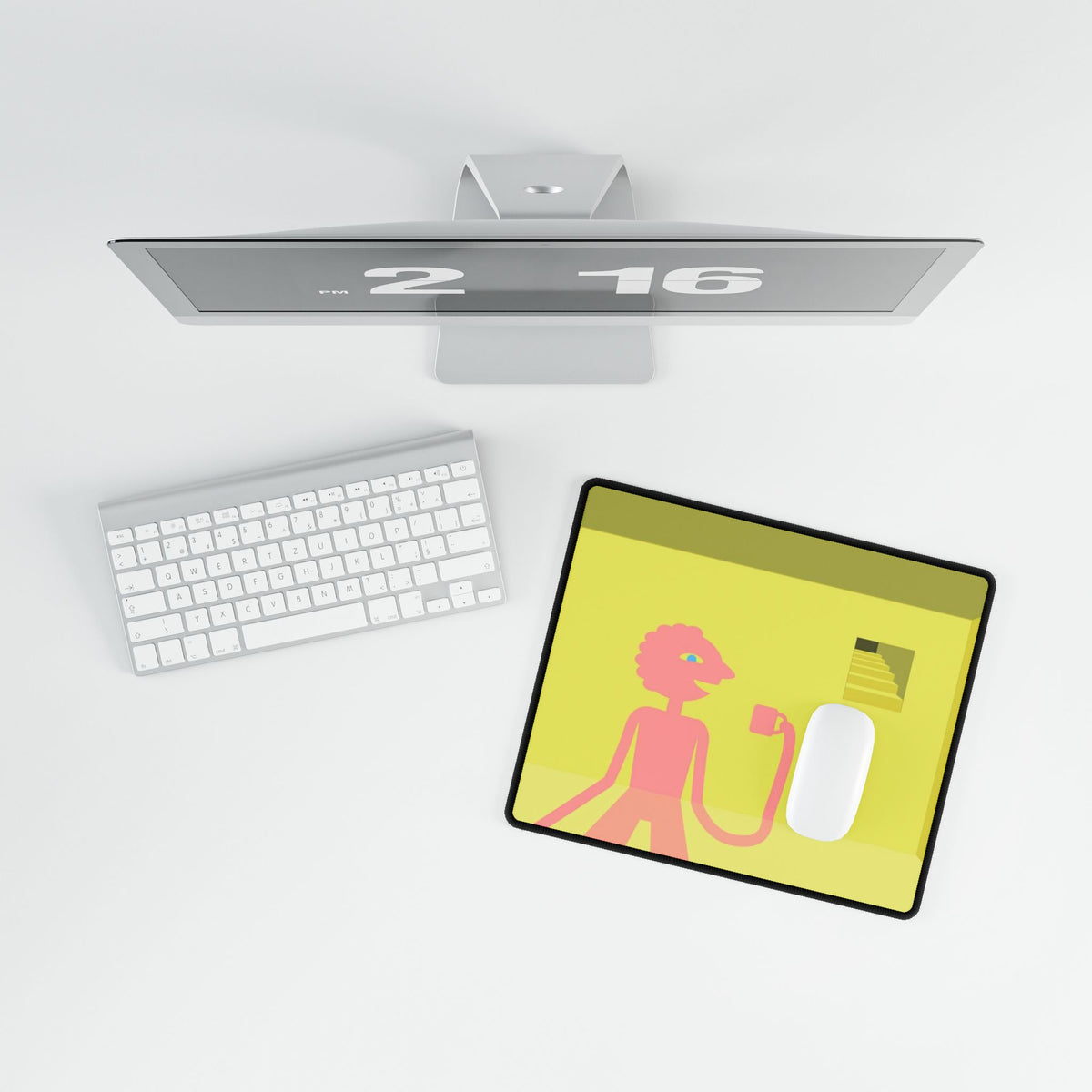 Pink Character in Yellow Room Desk Mat | Minimalist Illustration Desk Mat