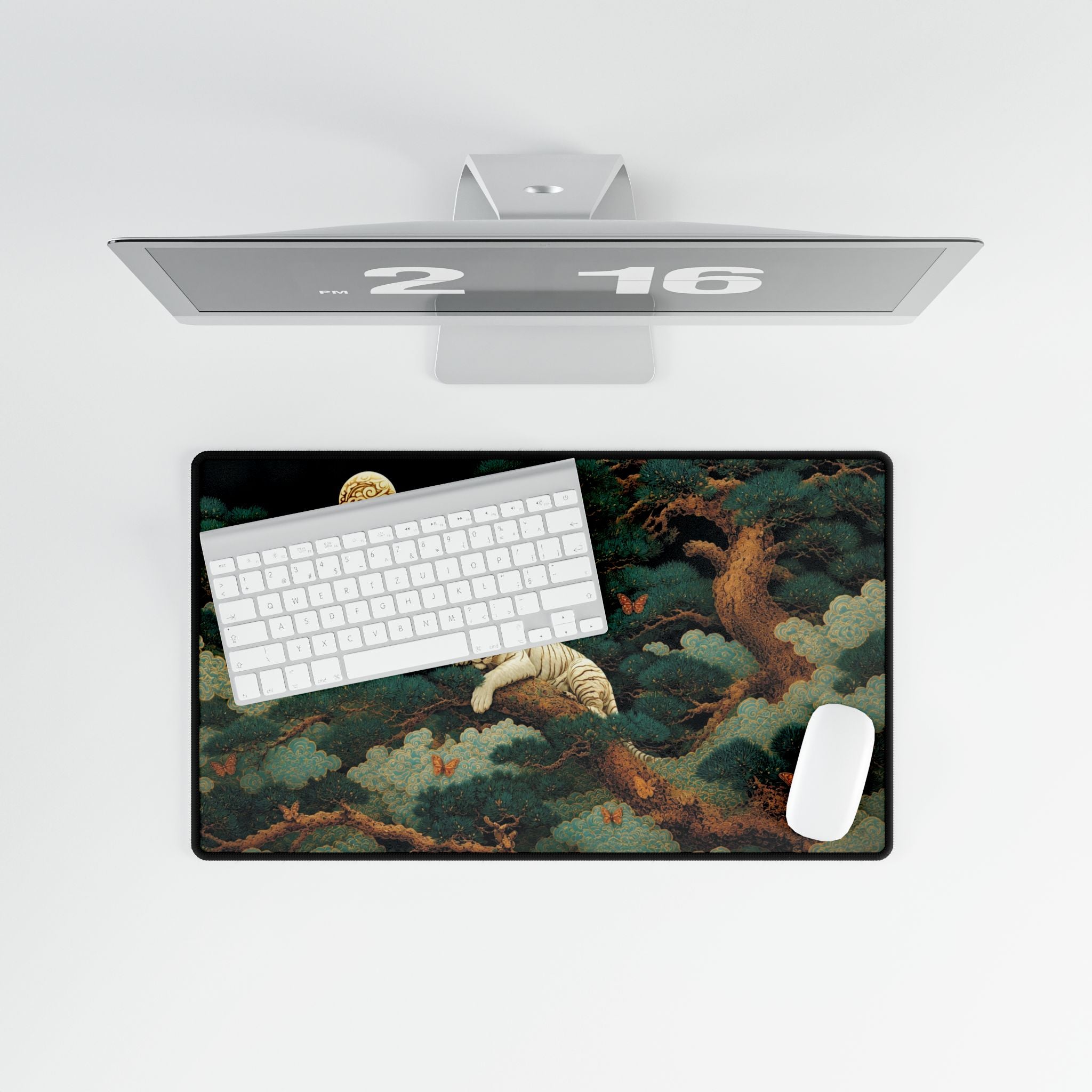 White Tiger Moon Desk Mat — Asian-Inspired Desk Pad with Pine & Moon Artwork