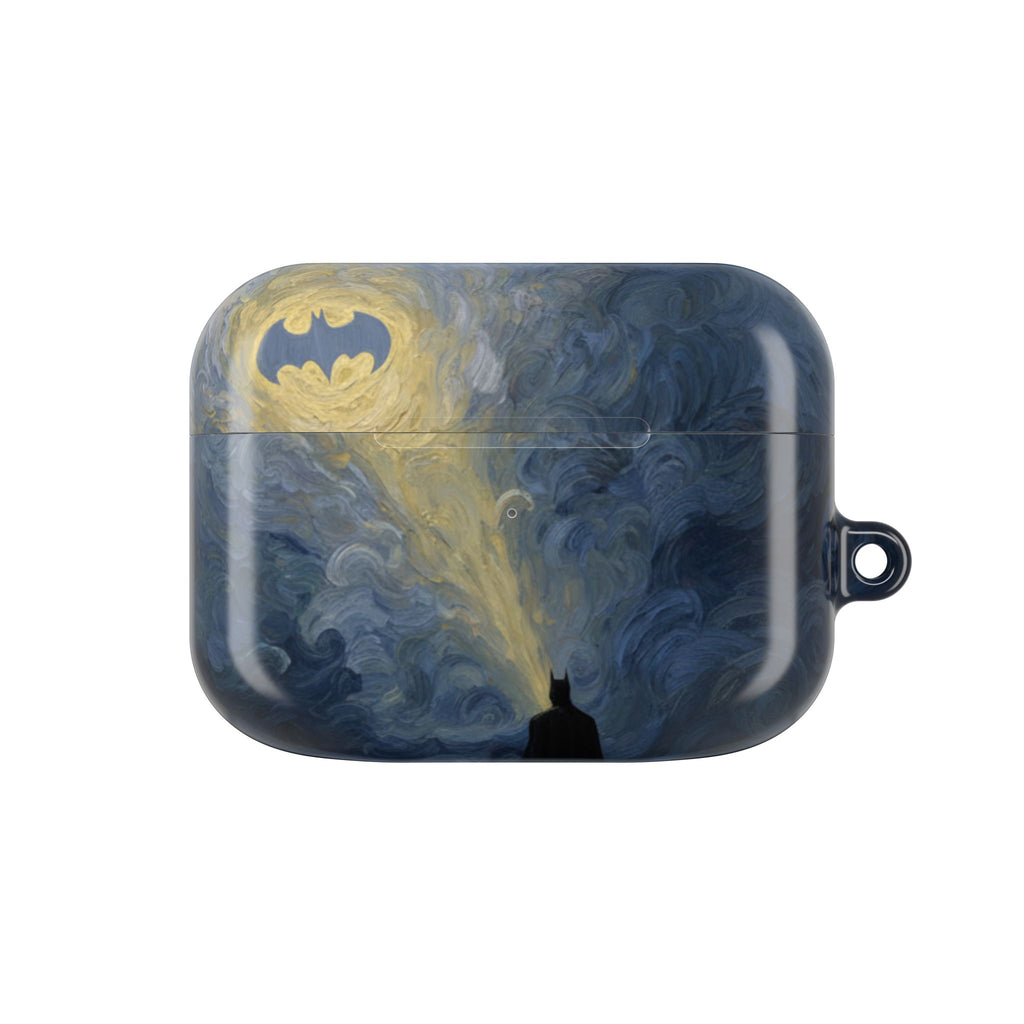 Bat Signal Starry Night AirPods Case, Dark Hero Earbud Cover, Gothic Superhero Inspired AirPod Pro Case, Glossy Full Wrap Gift