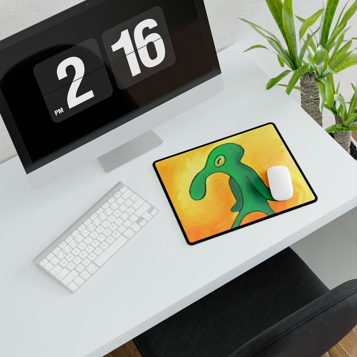 Brash Green Blob Character Desk Mat | Abstract Orange Background
