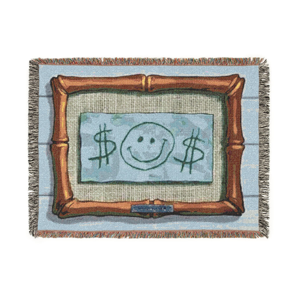 Smiley Dollar Frame Woven Blanket | Money Motif Throw, Decorative Tapestry