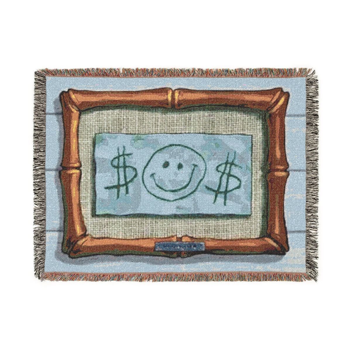 Smiley Dollar Frame Woven Blanket | Money Motif Throw, Decorative Tapestry