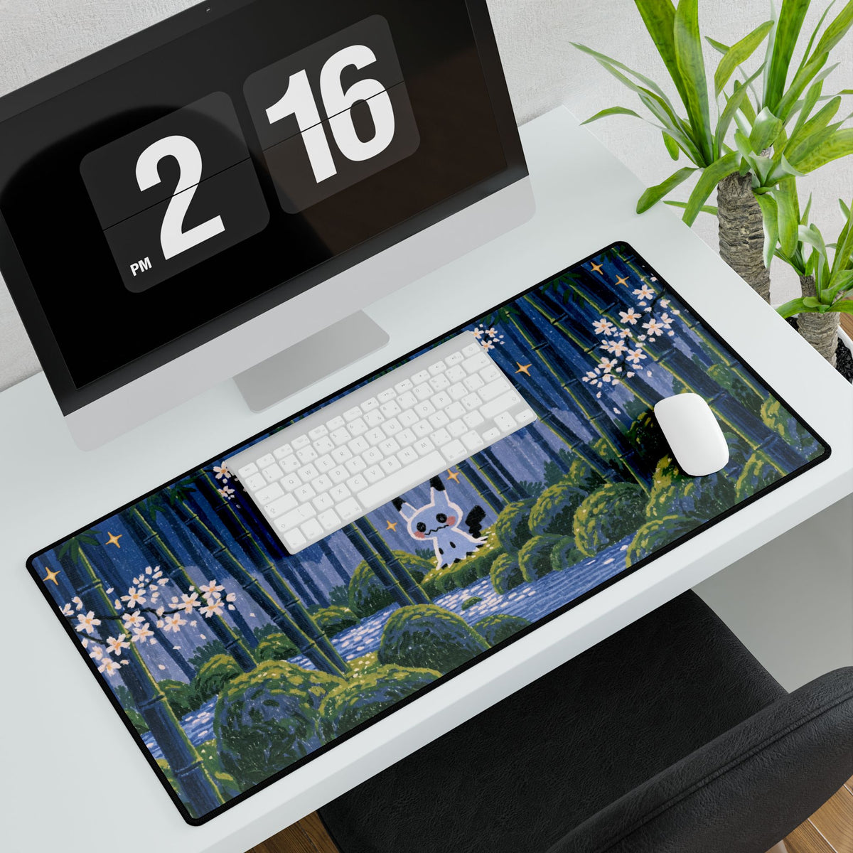 Forest Fox Woodland Scene Desk Mat | Cherry Blossoms Night Bamboo