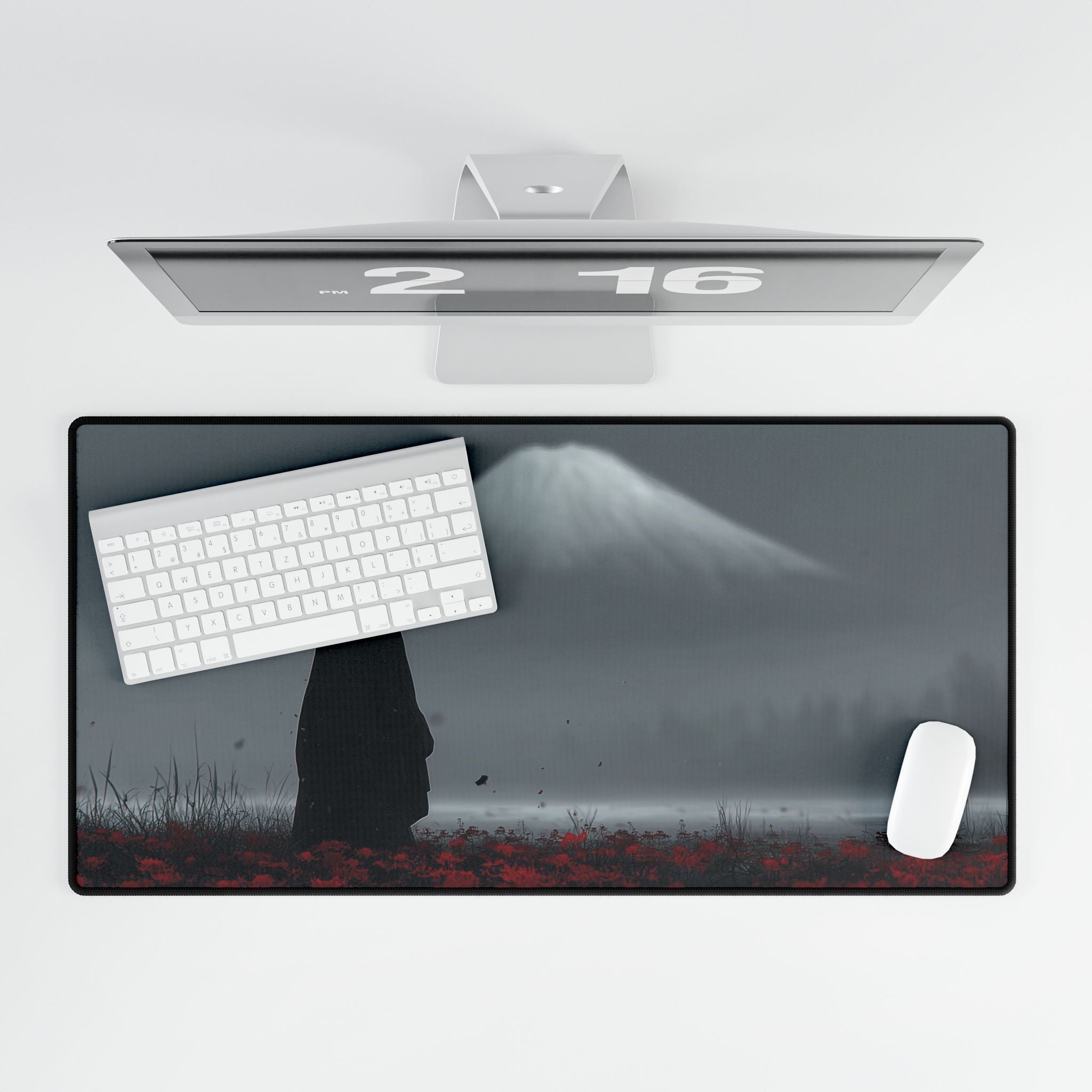 Samurai Silhouette Desk Mat | Mountain Mist Anime Landscape Mousepad