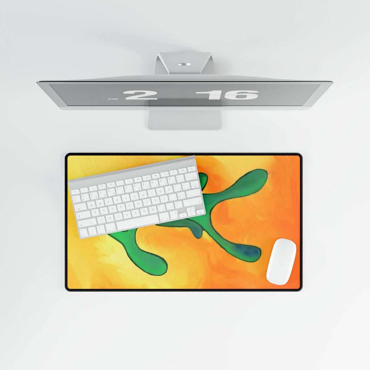 Brash Green Blob Character Desk Mat | Abstract Orange Background