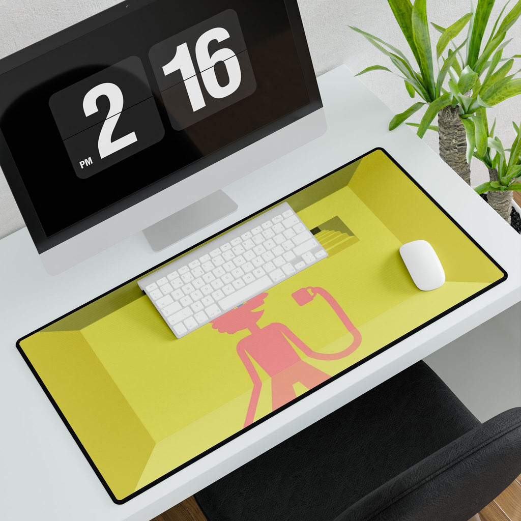 Pink Character in Yellow Room Desk Mat | Minimalist Illustration Desk Mat