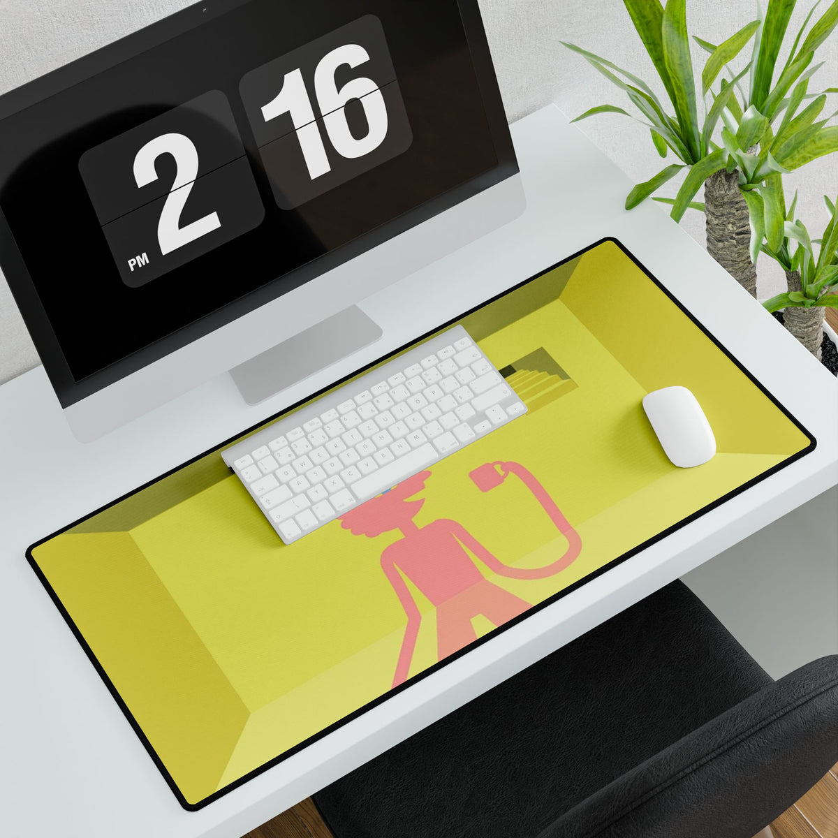 Pink Character in Yellow Room Desk Mat | Minimalist Illustration Desk Mat