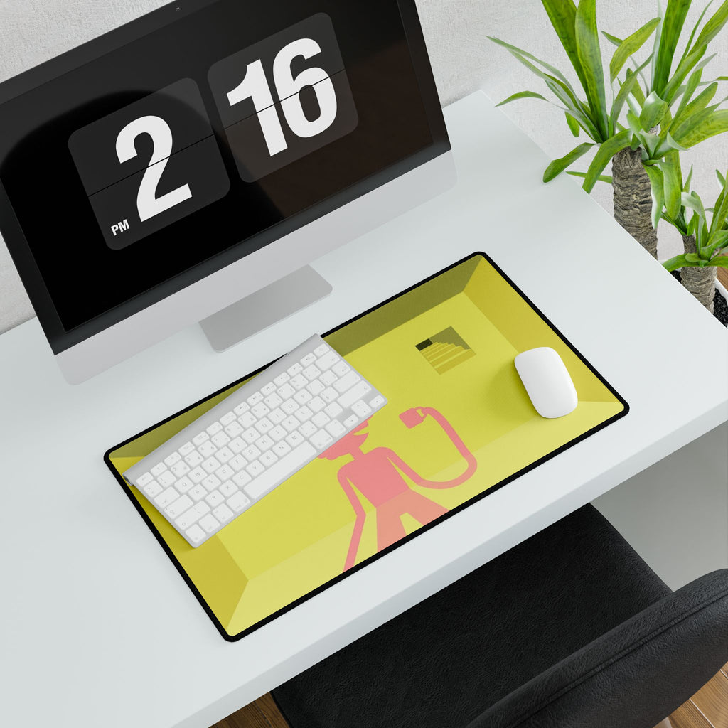 Pink Character in Yellow Room Desk Mat | Minimalist Illustration Desk Mat
