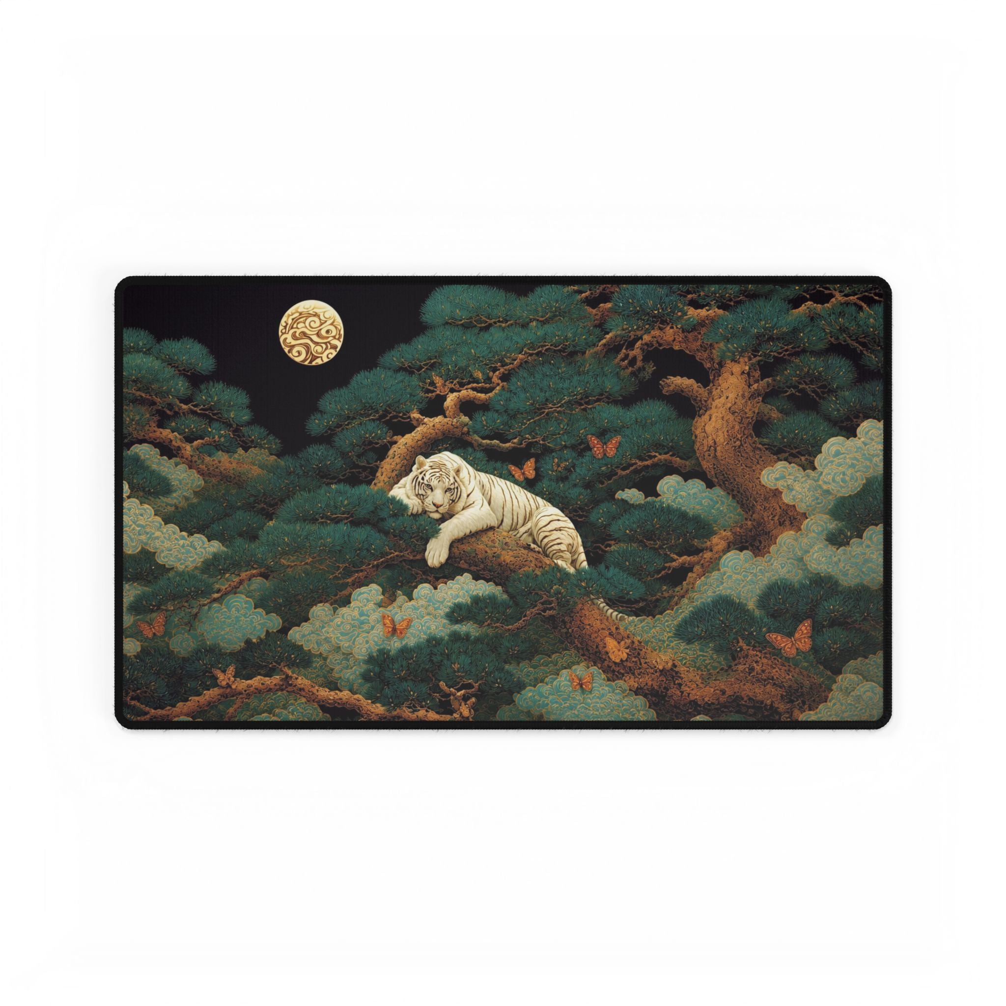 White Tiger Moon Desk Mat — Asian-Inspired Desk Pad with Pine & Moon Artwork