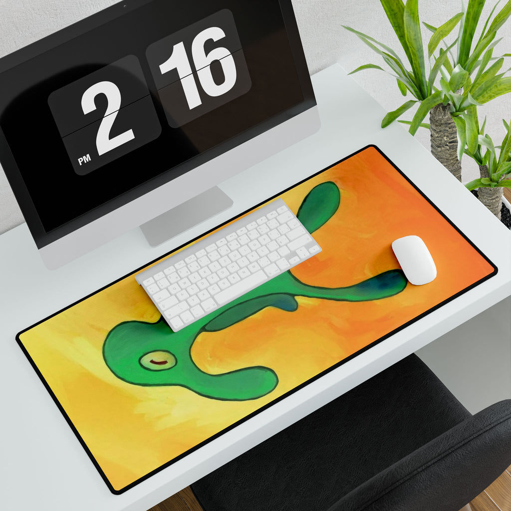 Brash Green Blob Character Desk Mat | Abstract Orange Background