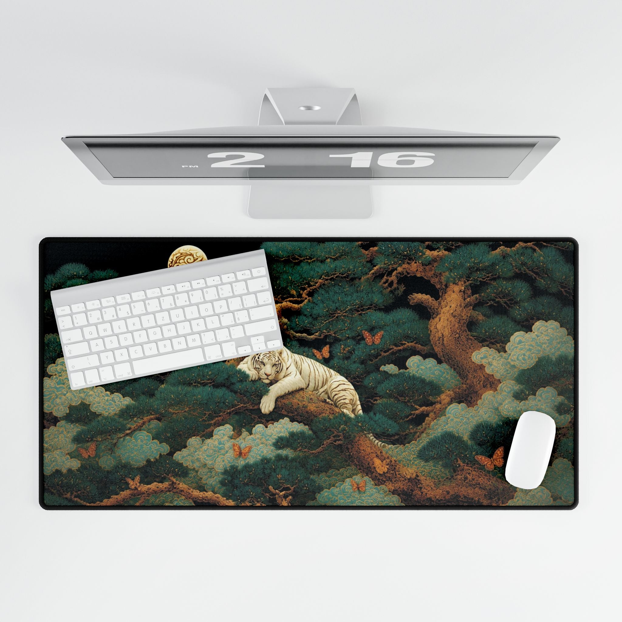 White Tiger Moon Desk Mat — Asian-Inspired Desk Pad with Pine & Moon Artwork
