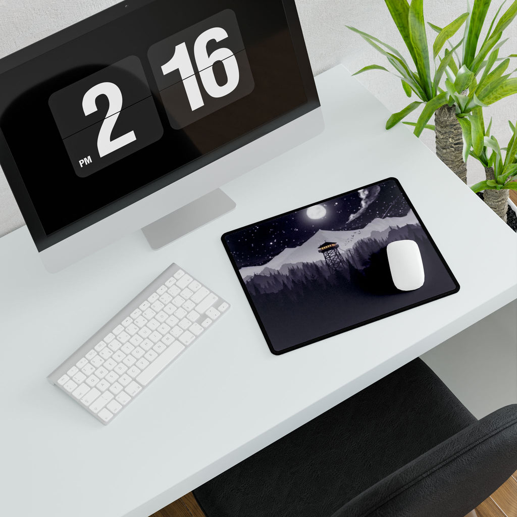 Night Fire Watchtower Desk Mat — Moonlit Mountain Landscape Gaming Desk Pad