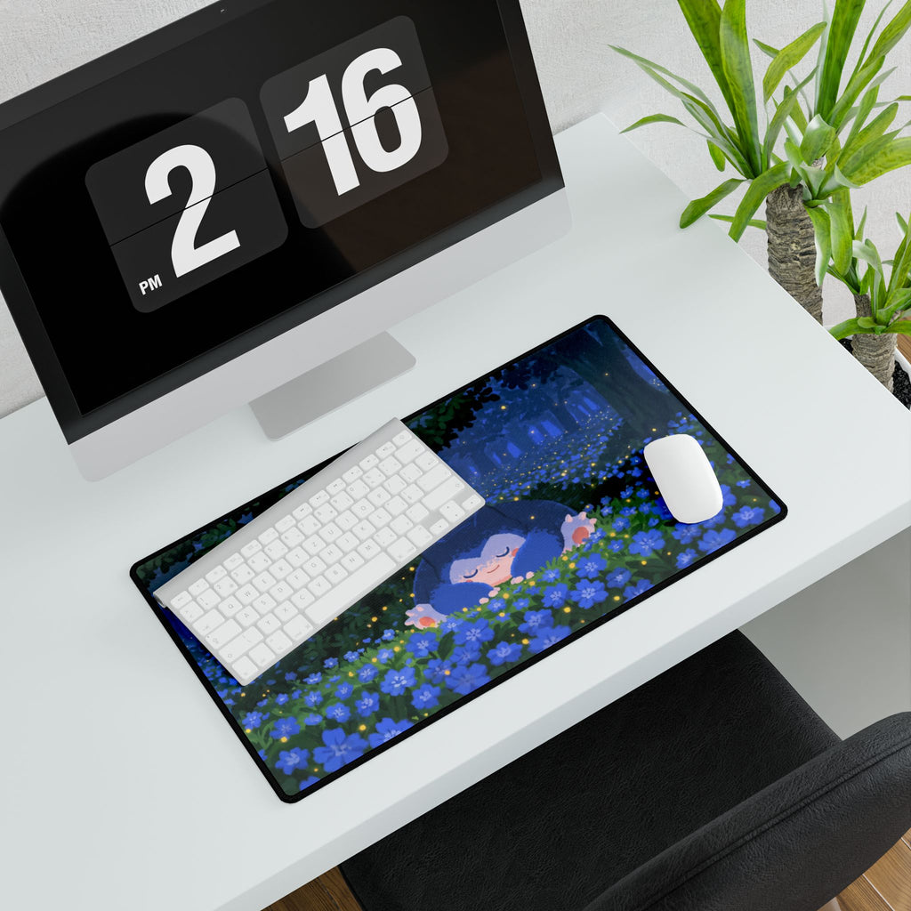 Sleeping Creature in Blue Floral Field Desk Mat | Night Forest Mouse Desk Mat