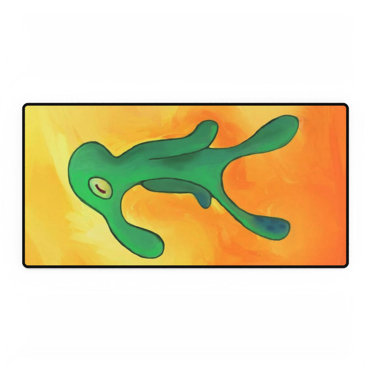 Brash Green Blob Character Desk Mat | Abstract Orange Background