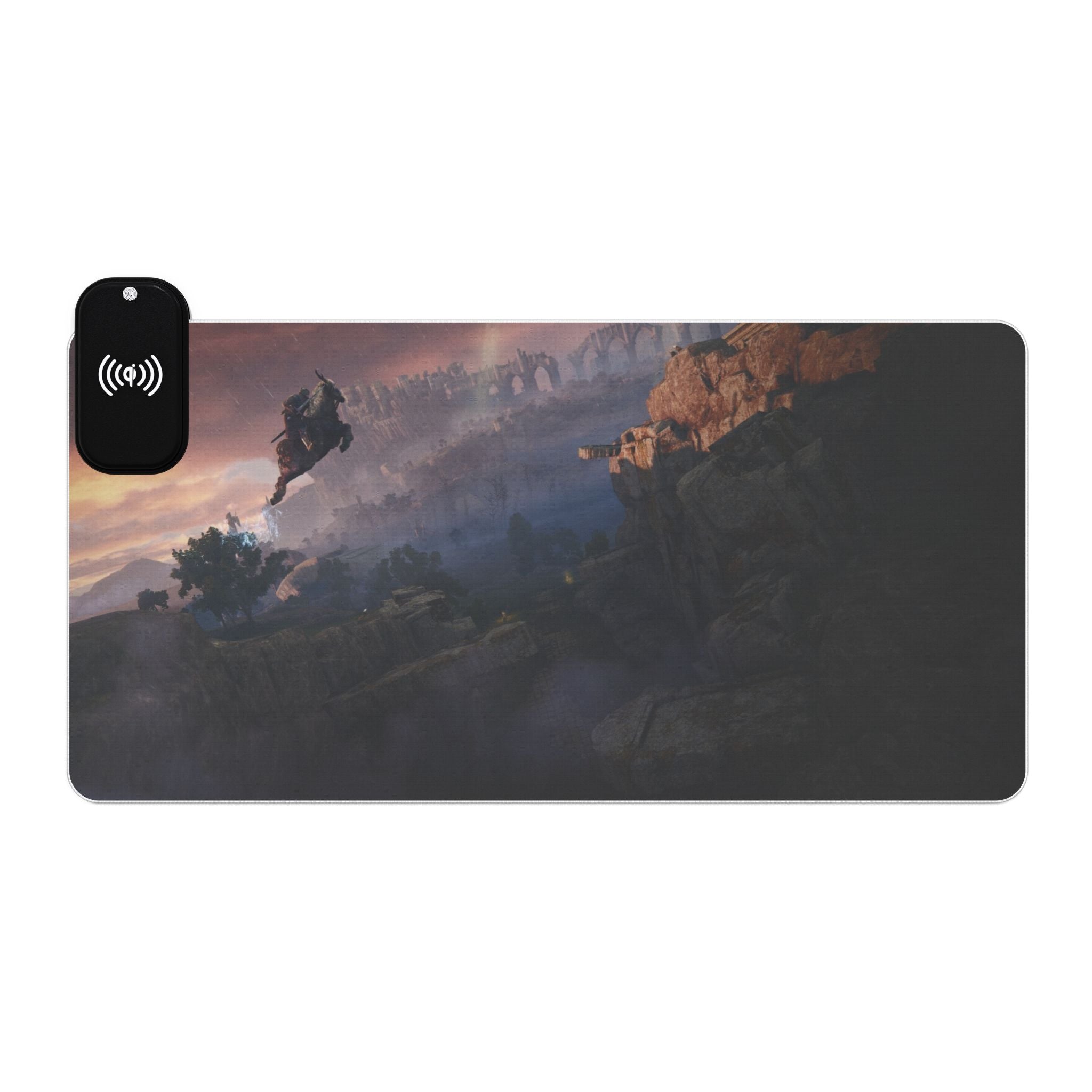 Gaming Mouse Pad, Elden Ring Wireless Charging, Anime Artwork Desk Mat, RGB LED Light Strip, Non-Slip Base, Qi Compatible, Custom Design,