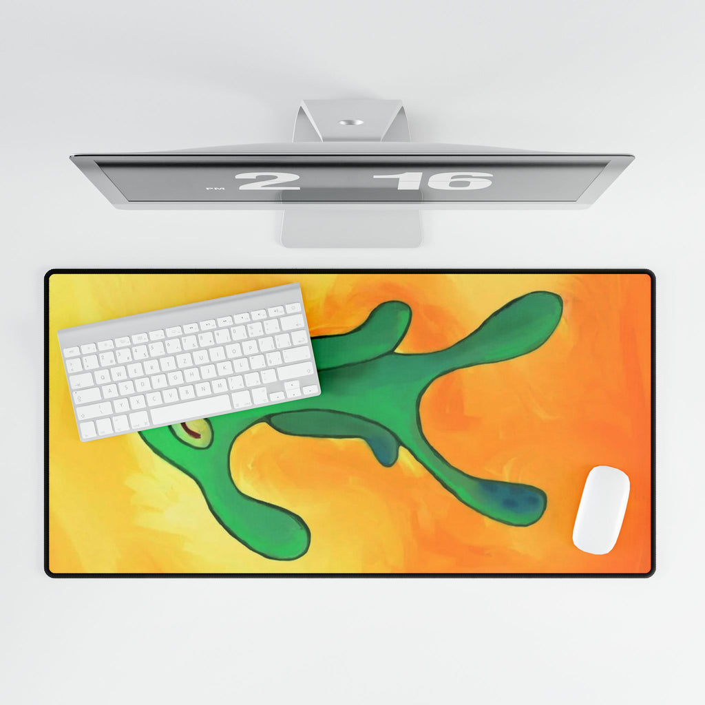 Brash Green Blob Character Desk Mat | Abstract Orange Background