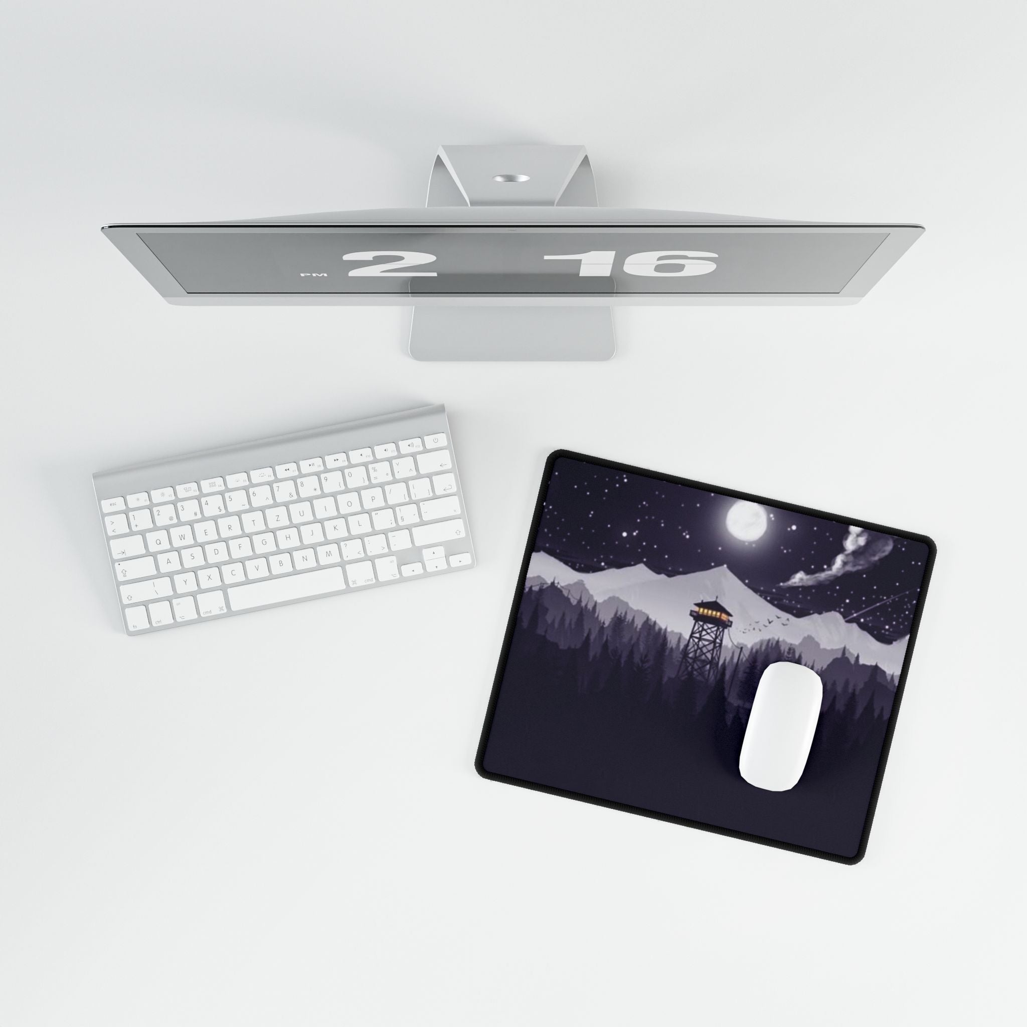 Night Fire Watchtower Desk Mat — Moonlit Mountain Landscape Gaming Desk Pad