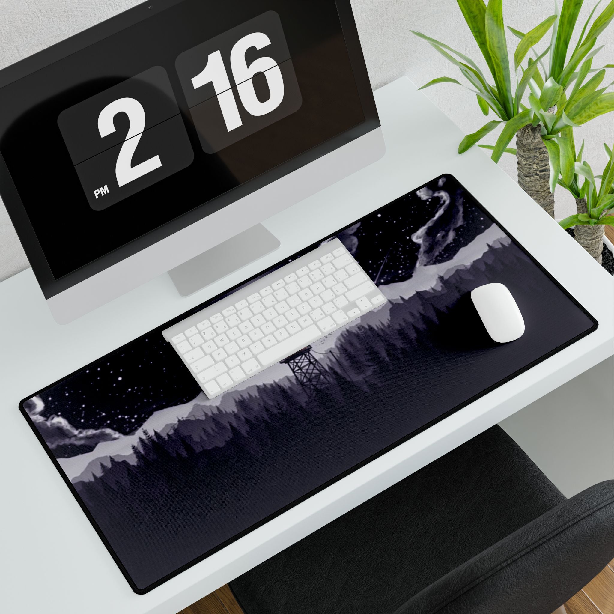 Night Fire Watchtower Desk Mat — Moonlit Mountain Landscape Gaming Desk Pad