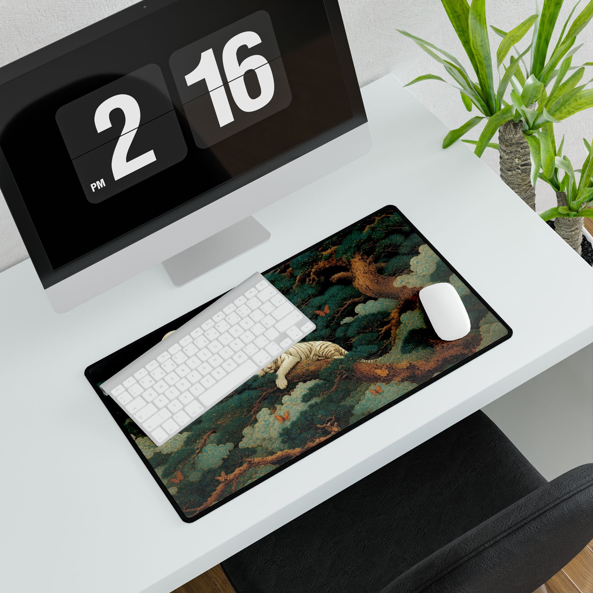 White Tiger Moon Desk Mat — Asian-Inspired Desk Pad with Pine & Moon Artwork