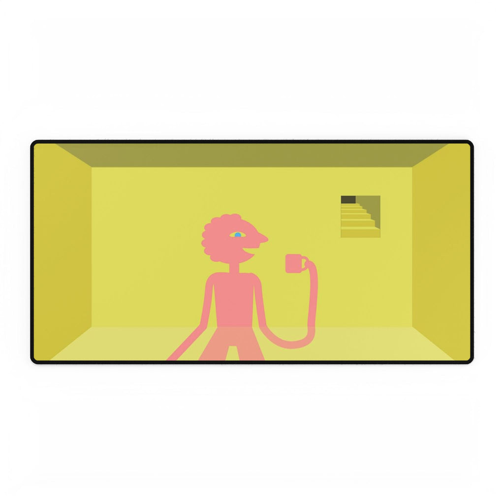 Pink Character in Yellow Room Desk Mat | Minimalist Illustration Desk Mat