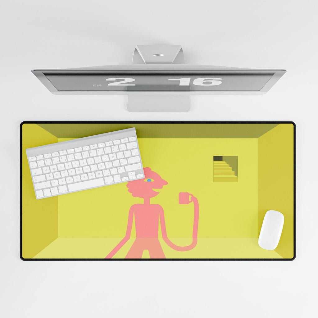 Pink Character in Yellow Room Desk Mat | Minimalist Illustration Desk Mat