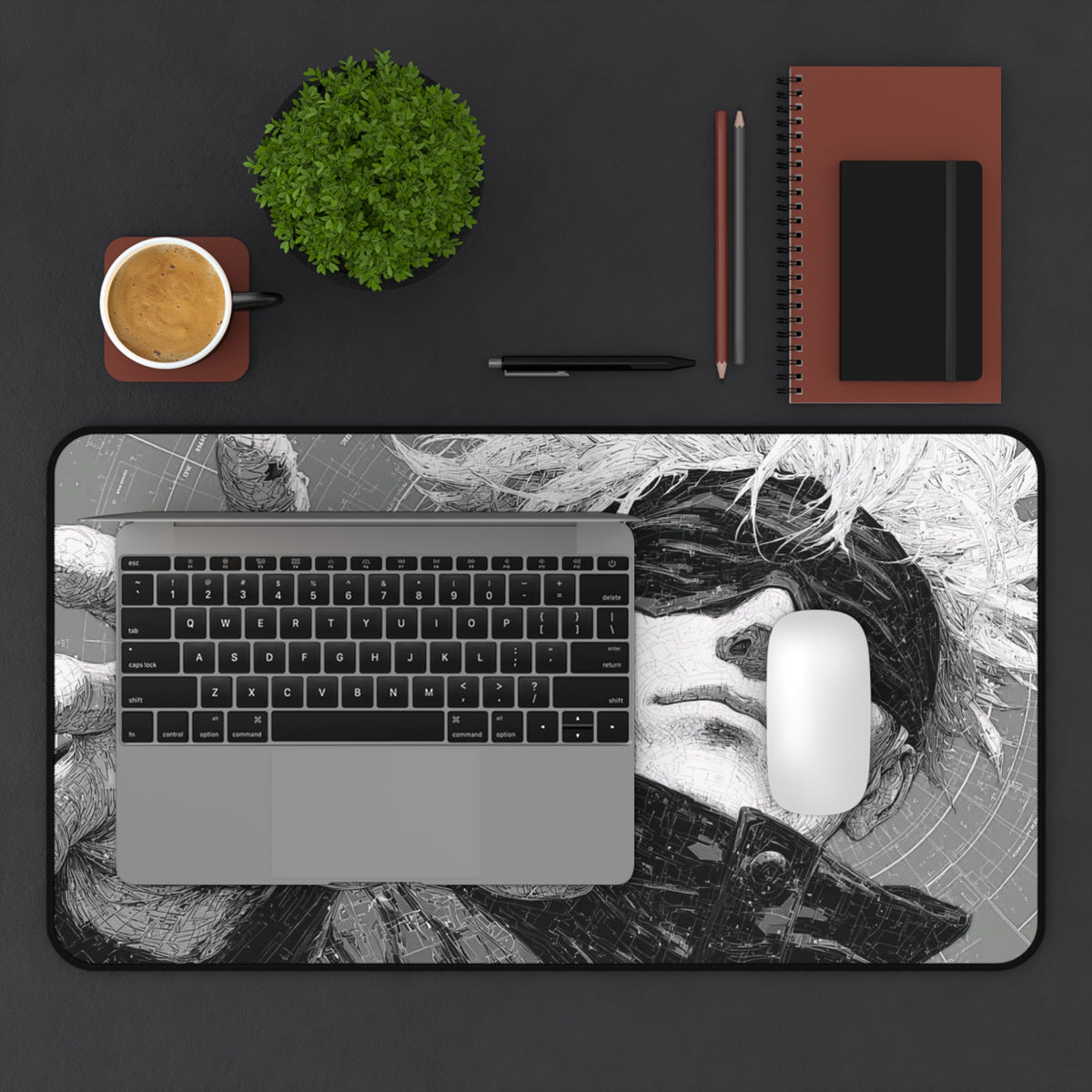 Gojo Satoru Manga Desk Mat, JJK Blindfolded Anime Hero Mousepad, Monochrome Gaming Mouse Pad, Dark Aesthetic XL Desk Pad, Gamer Gift