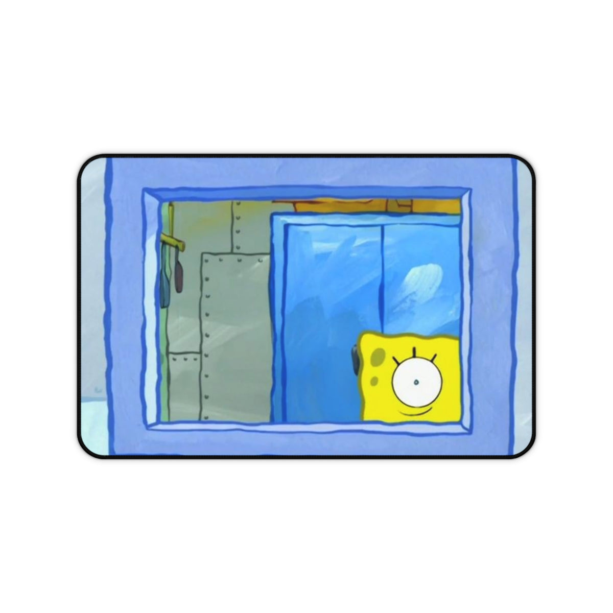 Peeking Sponge Cartoon Desk Mat | Cute Cartoon Desk Pad, Blue Window Illustration