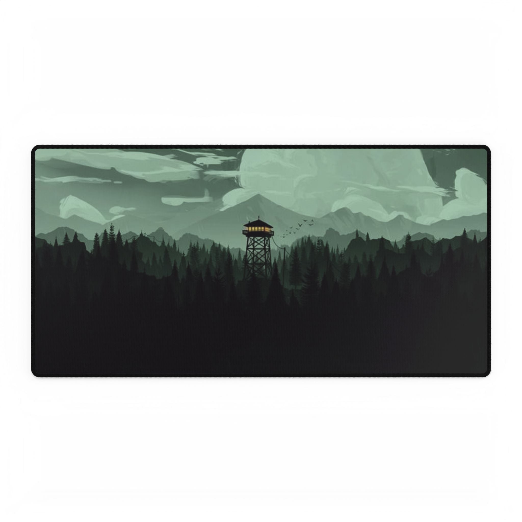 Forest Fire Watch Tower Desk Mat — Moody Green Wilderness Gaming Mousepad