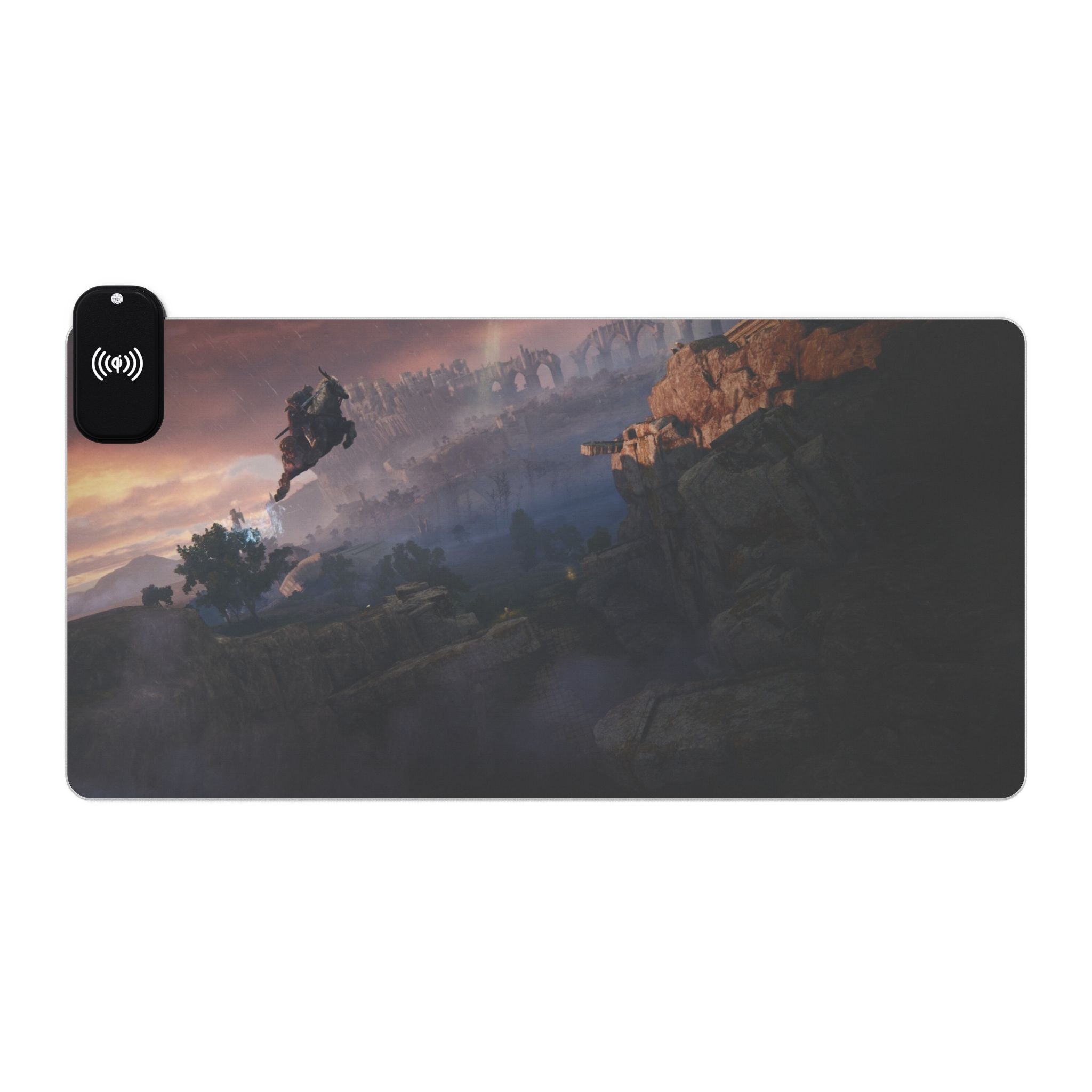 Gaming Mouse Pad, Elden Ring Wireless Charging, Anime Artwork Desk Mat, RGB LED Light Strip, Non-Slip Base, Qi Compatible, Custom Design,