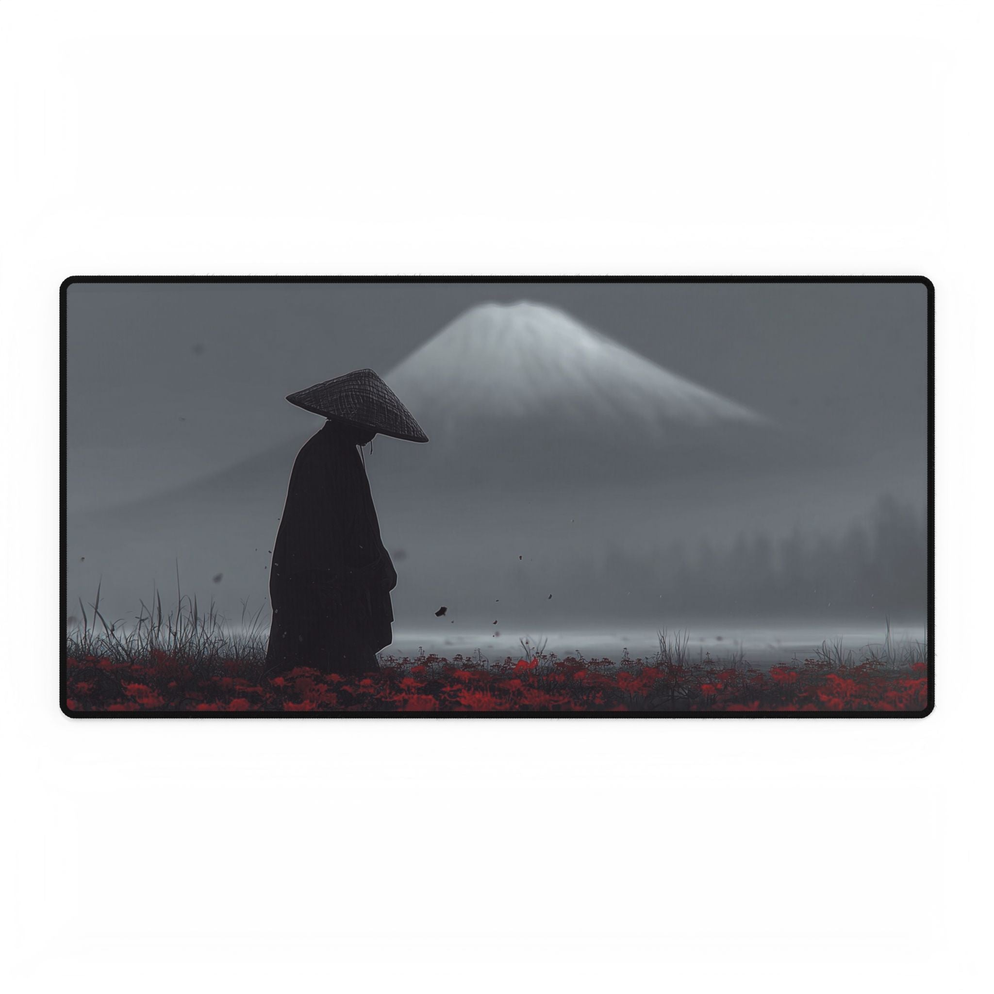 Samurai Silhouette Desk Mat | Mountain Mist Anime Landscape Mousepad