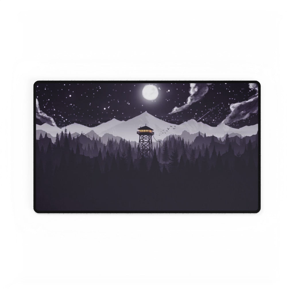 Night Fire Watchtower Desk Mat — Moonlit Mountain Landscape Gaming Desk Pad