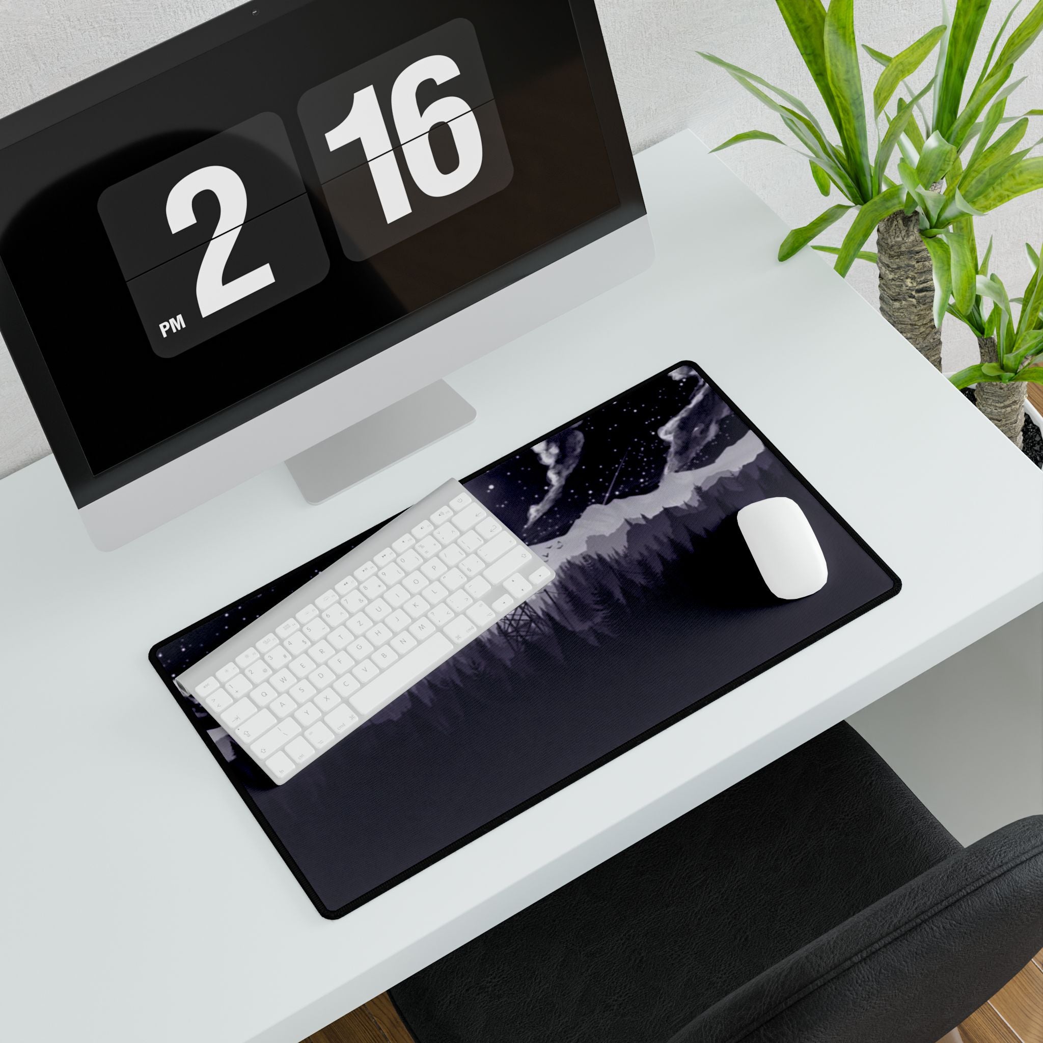 Night Fire Watchtower Desk Mat — Moonlit Mountain Landscape Gaming Desk Pad