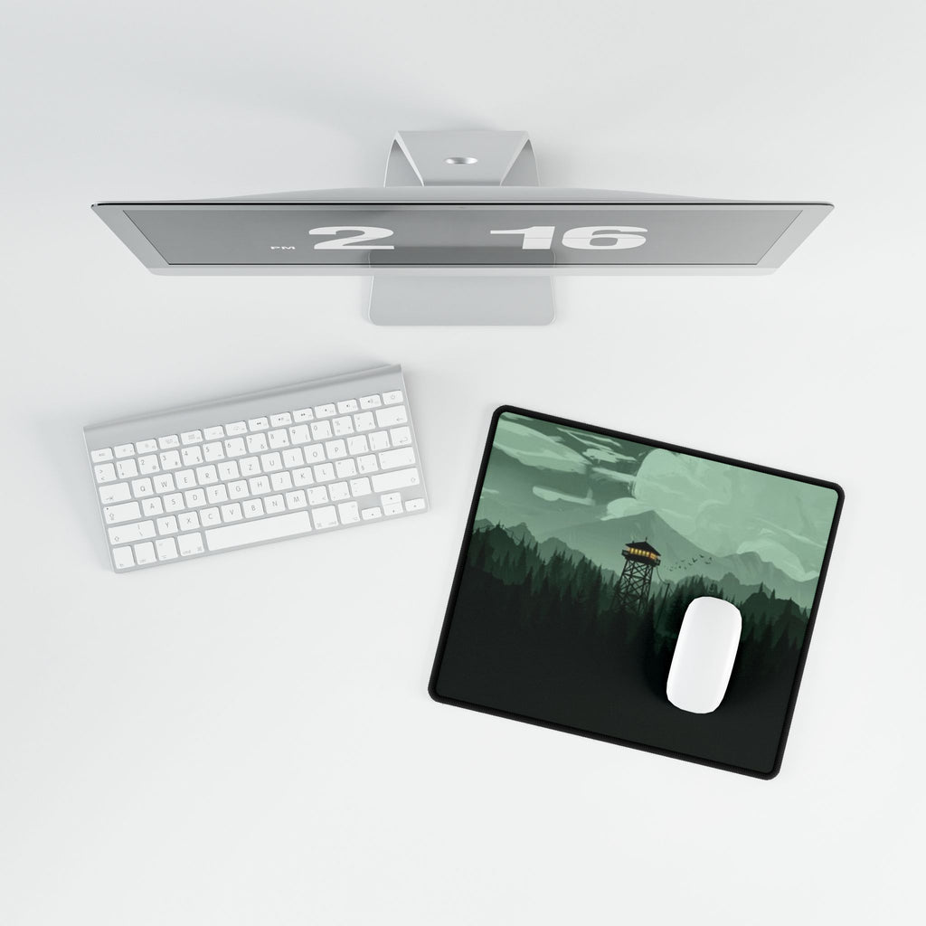 Forest Fire Watch Tower Desk Mat — Moody Green Wilderness Gaming Mousepad